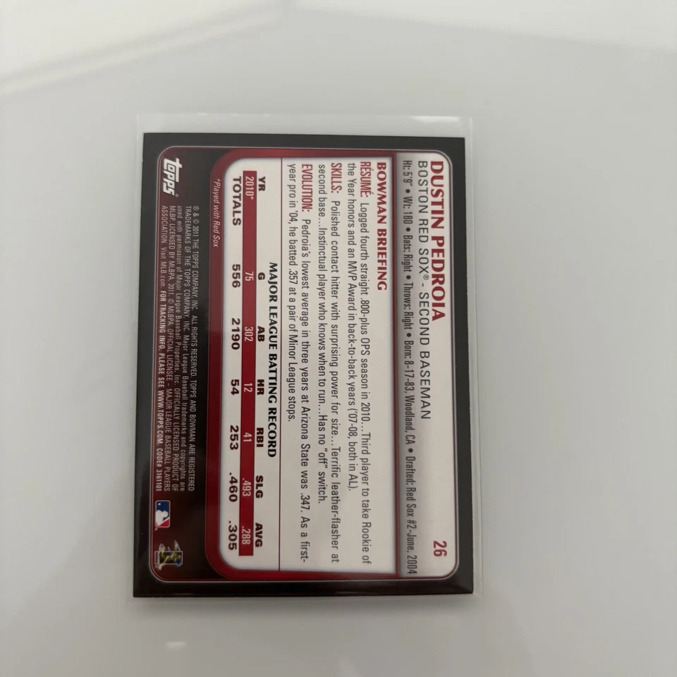 2011 Bowman Gold Dustin Pedroia #26 Boston Red Sox Baseball Card - Image 2 of 2