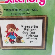 1976 Vintage Jiffy Stitchery Please Be Patient Girl Kit Lynn David 5" x 7"