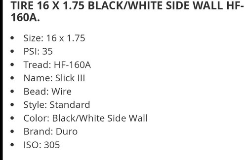 (2) DURO 16 x1.75 (47-305) W.WALL OG SEMI- SLICK PATTERN BICYCLE TIRES & TUBES - Picture 3 of 7