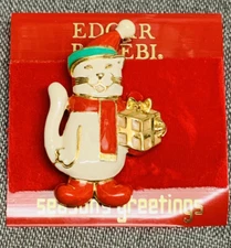 Vtg Edgar Berebi Christmas santa hat white Cat holding gift Brooch Pin 1990s NOS