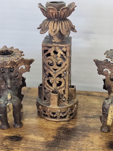ASIAN ANTIQUE CANDELABRA FOO DOG WINGED DRAGON LION 5 CANDLES HEAVY BRONZE BRASS - Picture 15 of 16