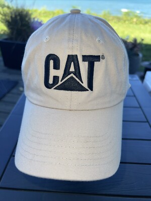 CAT Letters/Logo in Black on Ivory Canvas Hat Cap Cotton Caterpillar Brand