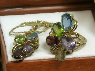 10K Solid Gold Ring and Necklace set with Multi Colored