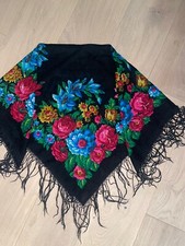 CHRISTMAS PAVLOVO POSAD SHAWL WRAP SCARF BLACK VIRGIN WOOL 36 X 36 USSR ERA