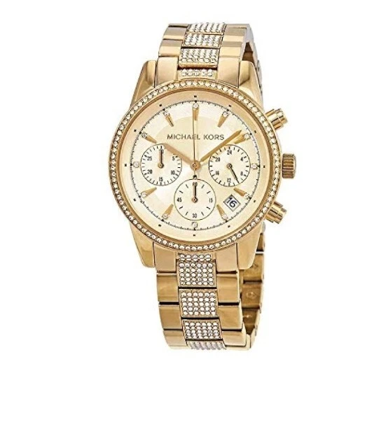 Michael Kors Women s Ritz Pave Chronograph Crystal Gold Dial Watch MK6484
