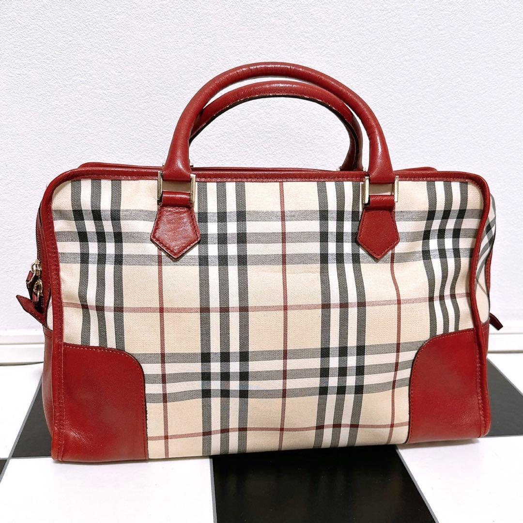 Burberry Blue Label Nova check Tote Bag Beige Red Canvas Leather Authentic