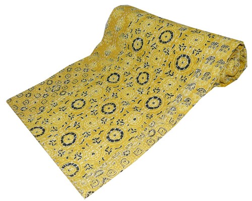 Indian Yellow Hand Block Print Kantha Quilt Twin Size Cotton Reversible Blanket - Picture 2 of 4