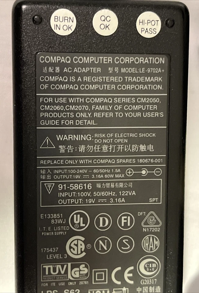 Compaq LE-9702A 19V 3.16A 60W 60/50Hz AC Adapter Power Supply Charger  - Image 4 of 4