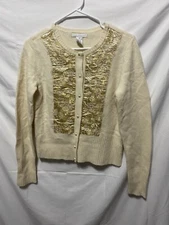 Women Cardigan Sweater Size Medium Yellow Gold Lambswool Angora Sarah Spencer