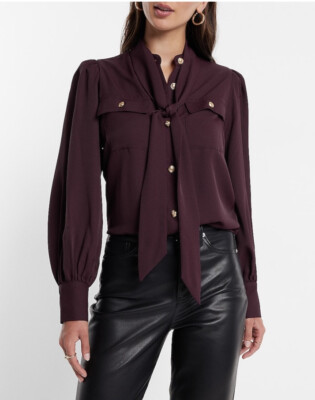 EXPRESS Balloon Sleeve Tie Neck Novelty Button Portofino Top Blouse Shirt Purple