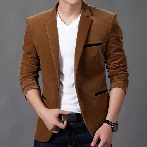 fashion Men's Slim Fit Formal Casual One Button Suit Corduroy Blazer Coat jacket - Picture 1 of 16