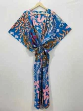 Indian Blue Long Floral Print Cotton Hippie Maxi Women Nightwear Caftan Dress