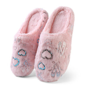 Aerusi Pink Fluffy Plush Tassel Slippers Winter Warm House Indoor Non Slip Shoes 