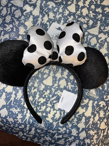 Disney Parks Minnie Mouse Ears Headband Black and White Polka Dot Satin Bow - Picture 5 of 8