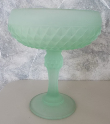 Vtg Satin Diamond Point Green Frosted Indiana Glass Pedestal Compote Candy Dish