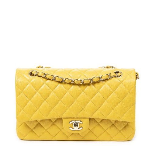 Chanel Yellow Classic Double Flap 26 Shoulder Bag Quilted Soft Caviar Leather