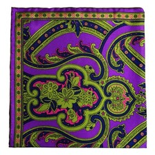 Purple Green Floral Motif Silk Pocket Square Hand-Rolled in England