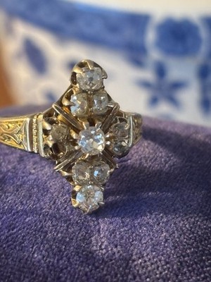 Antique Victorian 10kt Old Mine Cut Diamond Cluster Ring-size 6.75