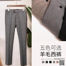 Mens Retro Herringbone Wool Tweed Trousers British Warm Straight Pants