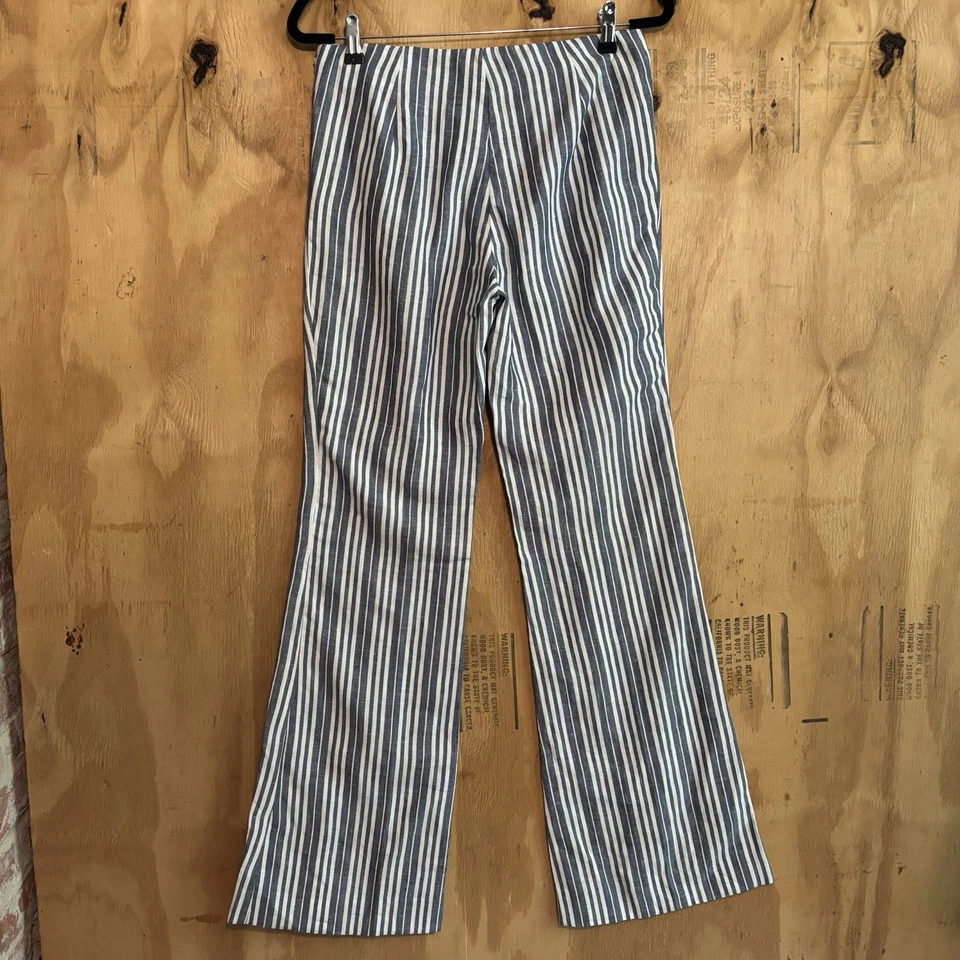 Tory Burch 100% Linen Wide Leg Blue White Striped Pants Sz 6 Nautical  - Image 3 of 4