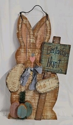 Folk Art Wood Rustic Bunny Rabbit Easter Egg Hunt  21''x11'' Sign Hangs Decor