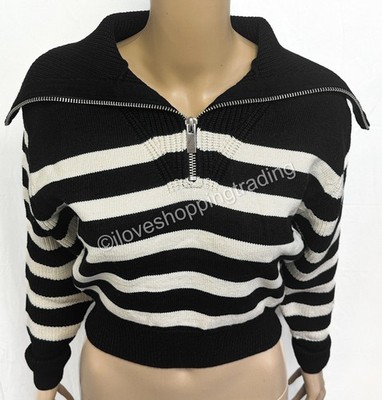 ZARA STRIPED HIGH NECK HALF ZIP CAPE COLLAR CHUNKY RIB KNIT CROP