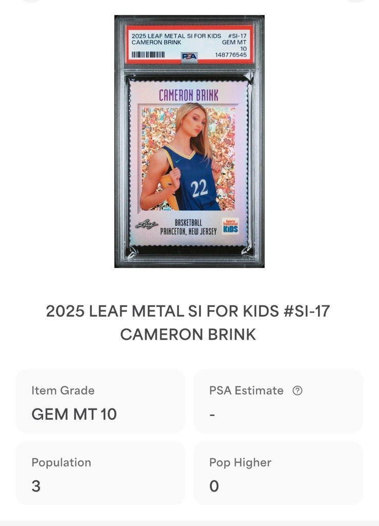 CAMERON BRINK ROOKIE RARE 2025 SI FOR KIDS WNBA LA SPARKS LEAF METAL GEM PSA 10 view 3