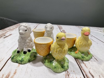 THREE EGG HOLDERS AND SALT SHAKER LAMBS CHICK AND DUCK