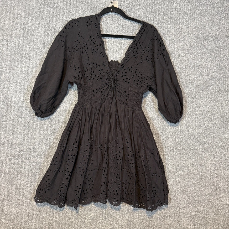 Free People Dress Womens Medium Black Eyelet Lace Dress Boho Mini - Image 2 of 4