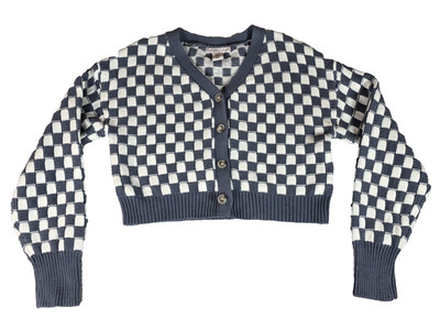 Sincerely Jules Checkered Cardigan Sweater Bluish Gray White Crop Small Academia