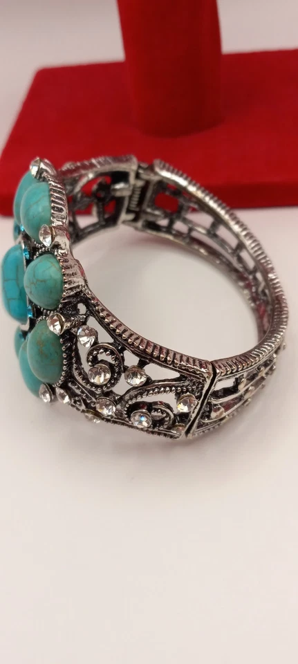 Silver Tone Turquoise Blue Howlite Statement Hinged Bracelet W/Rhinestones  - Image 2 of 4