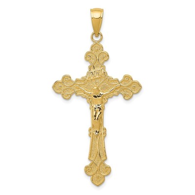 14k Gelbgold poliert strukturiert INRI Kruzifix Fleur de Lis Anhänger