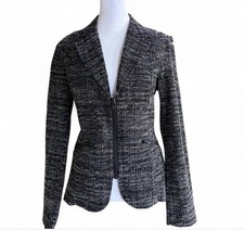 CAbi Women's Black Blue White Zip Collared Check Mid-Length Blazer Size M