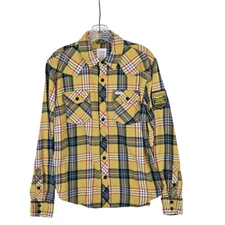 Topo Designs Shirt Mens Medium Plaid Flannel Pacifico Patch Hiking Outdoors