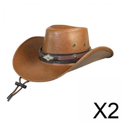 2xWestern Cowboy Hut Gentleman Jazz Hüte Trendy PU Leder Breite Krempe Hut mit