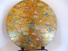 Vintage Goldtone Powder Compact Oriental Design: Lotus Flower, Bluebird, Koi