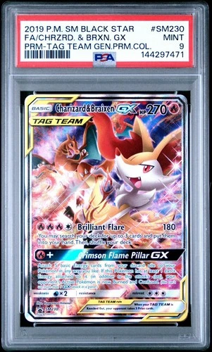 2019 POKEMON SM BLACK STAR PROMO #SM230 FULL ART/CHARIZARD & BRAIXEN GX PSA 9