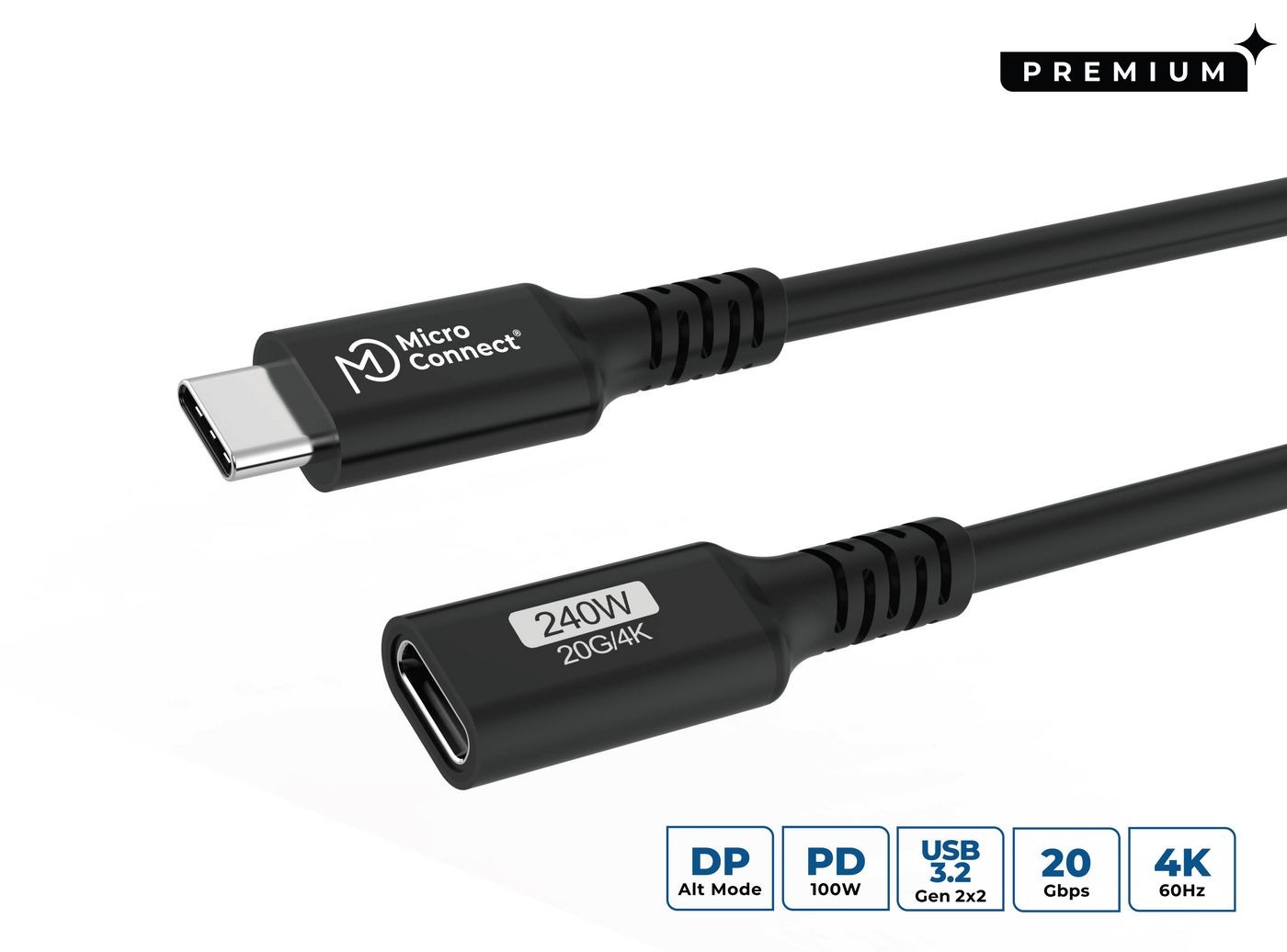 MicroConnect USB3.2CC05EX USB-C Extension Cable 0.5m 100W 20Gbps