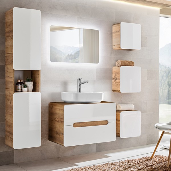 Badezimmer BadmöBel Set In Weiß Eiche Keramik Waschtisch Led Spiegel Hochschrank-image