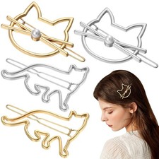 FRCOLOR Cat Hair Clip, 4 Pieces Metal Novelty Pearl Cat Shaped Hair Clips Cut...