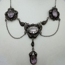 ANTIQUE EDWARDIAN SILVER FILIGREE GENUINE AMETHYST FESTOON NECKLACE