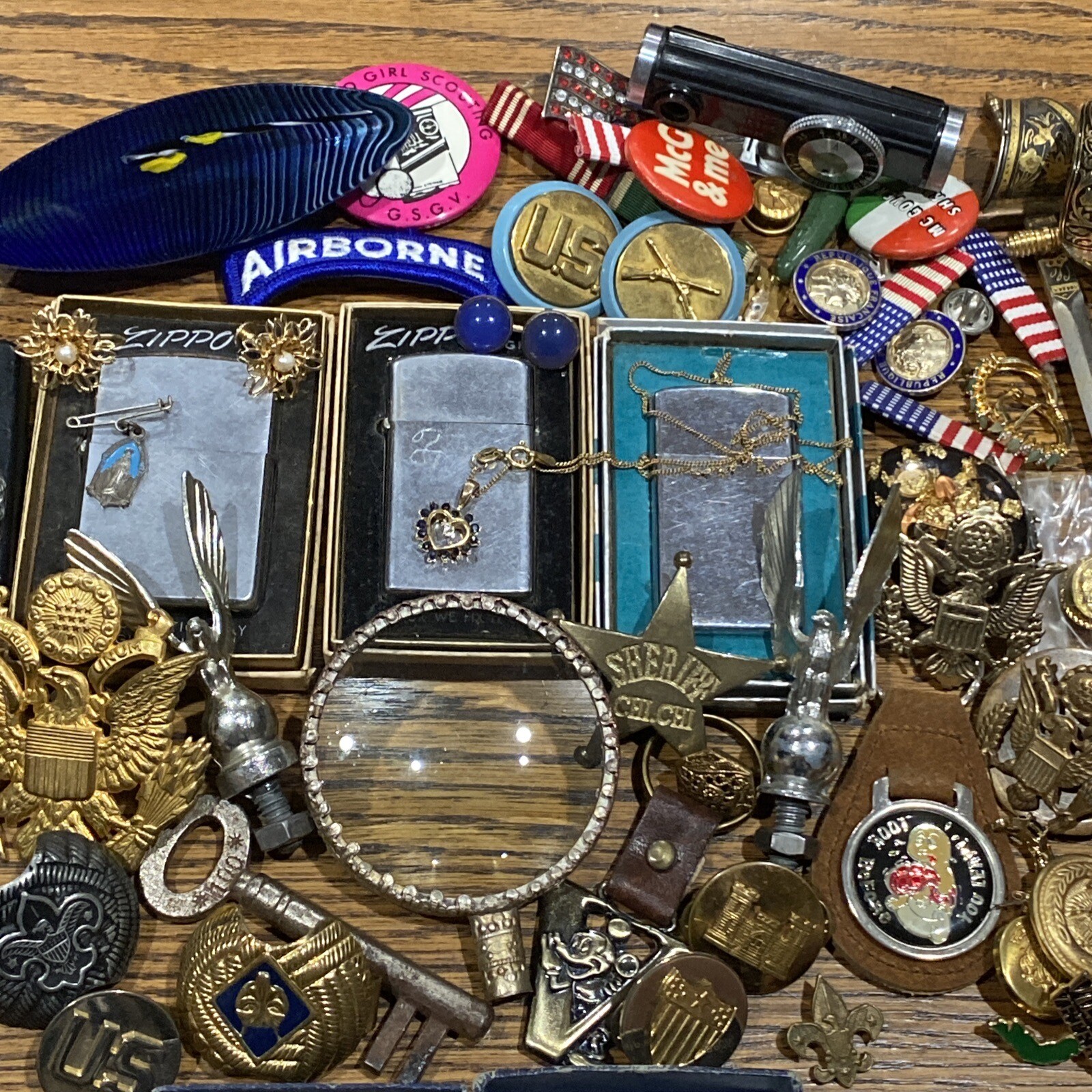 VTG Junk Drawer Lot Military Jewelry Zippos Boy Scouts Interesting