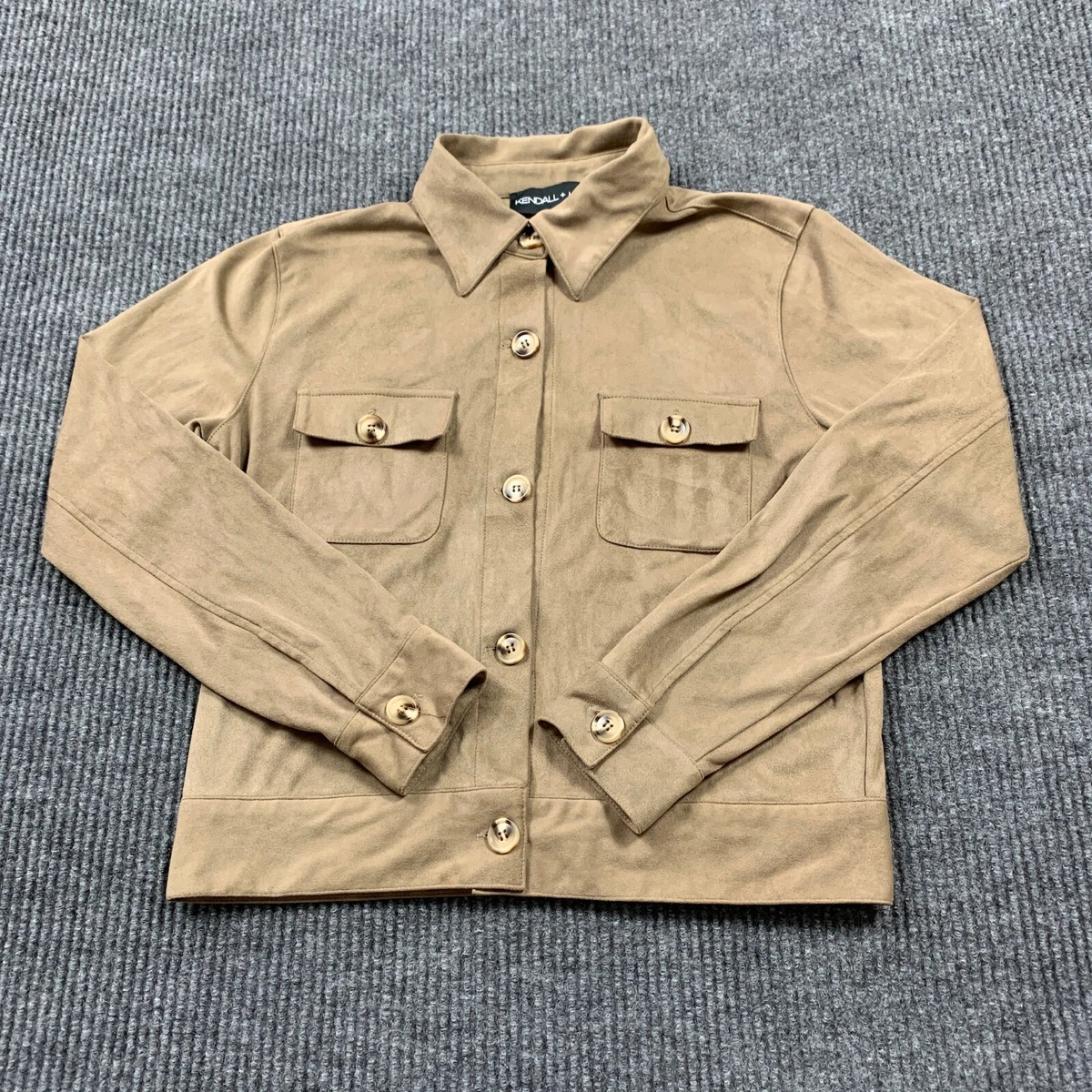 Kendall + Kylie Button Up Shirt Womens Medium M Beige Faux Suede Stretch Shacket