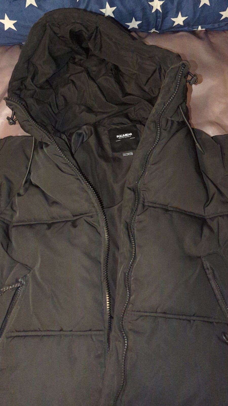 Black Puffer Jacket - Pull&Bear -  With Hood UK Size M-image