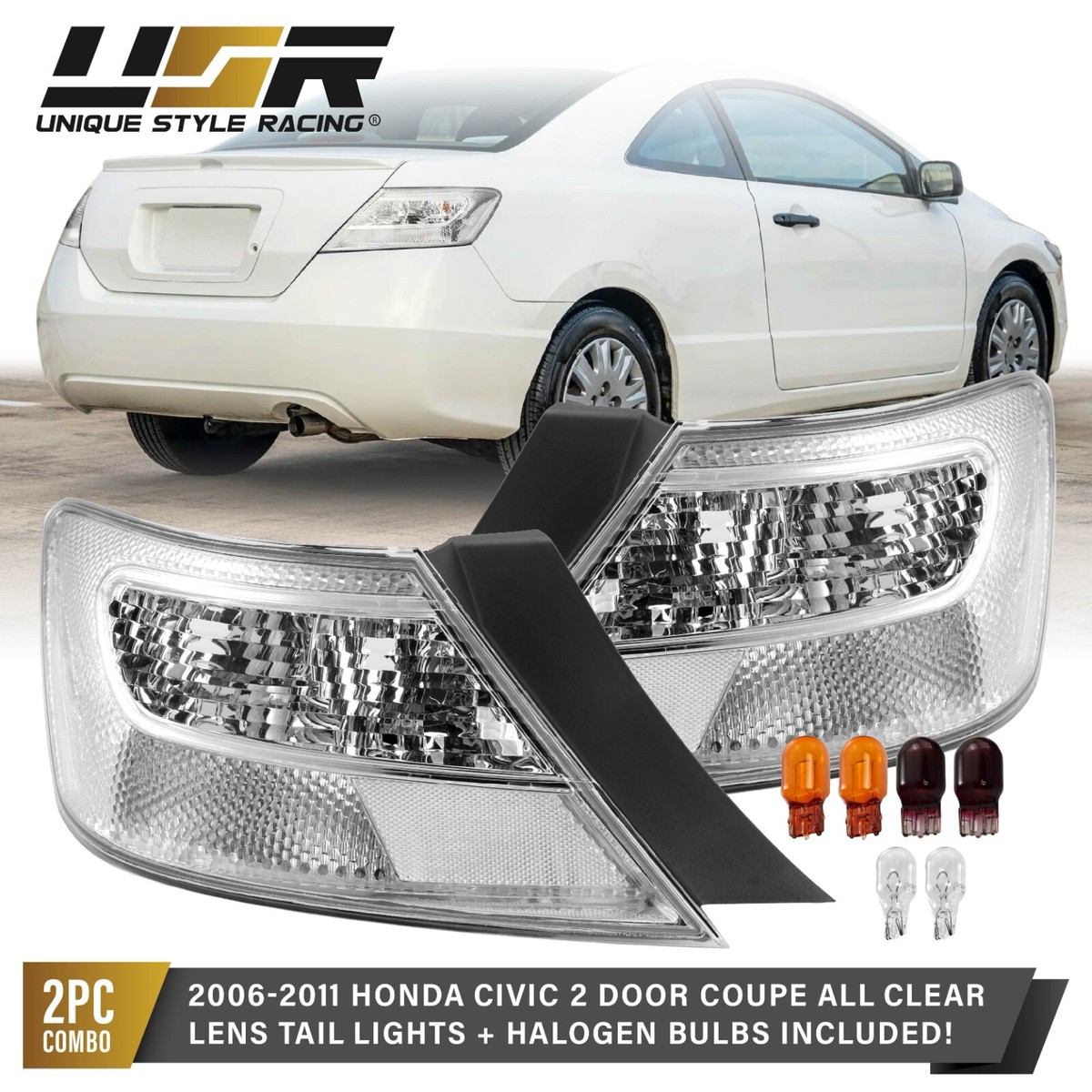 CLEAR Lens Tail Light L+R Pair For 06-11 Honda Civic 2 Door Coupe