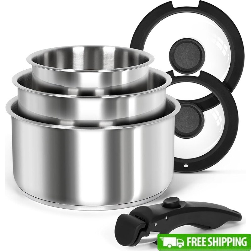 6Pcs Stainless Steel Pot Set with Detachable Handle Induction Compatible Space Saving