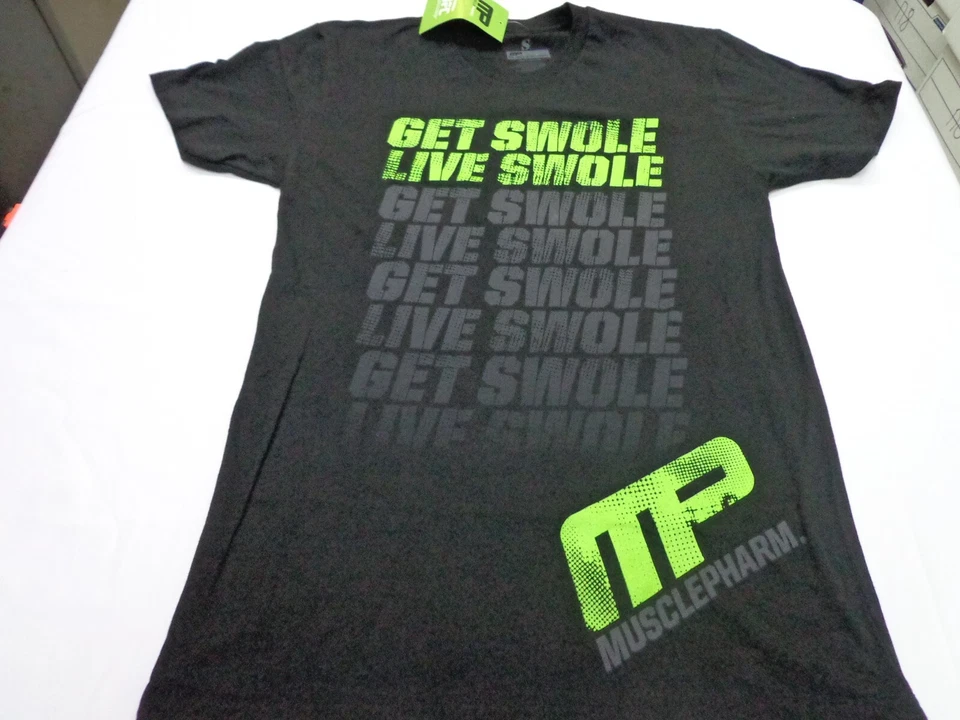 Camiseta Negra Muscle Pharm MP 'Get Swole Live Swole' Pequeña NUEVA con DEFECTO Foto 2 de 4