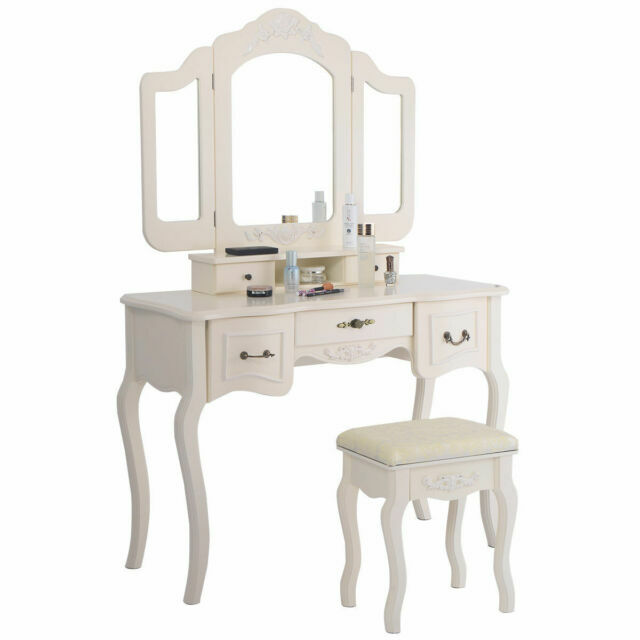 White Wood Desk Vanity Set Tri Folding Mirror Dressing Table 5 Drawer With Stool For Sale Online Ebay