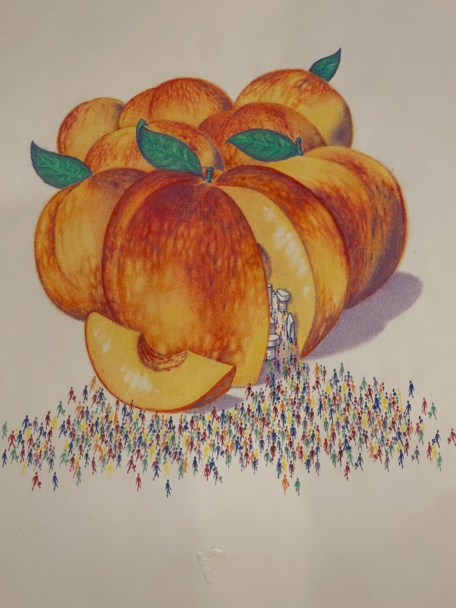 Original Surreal Art Drawing Peach with People Walking 3394 | eBay