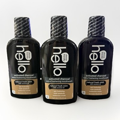 (3) HELLO Activated Charcoal Extra Fresh Mouthwash Natural Fresh Mint & Coconut